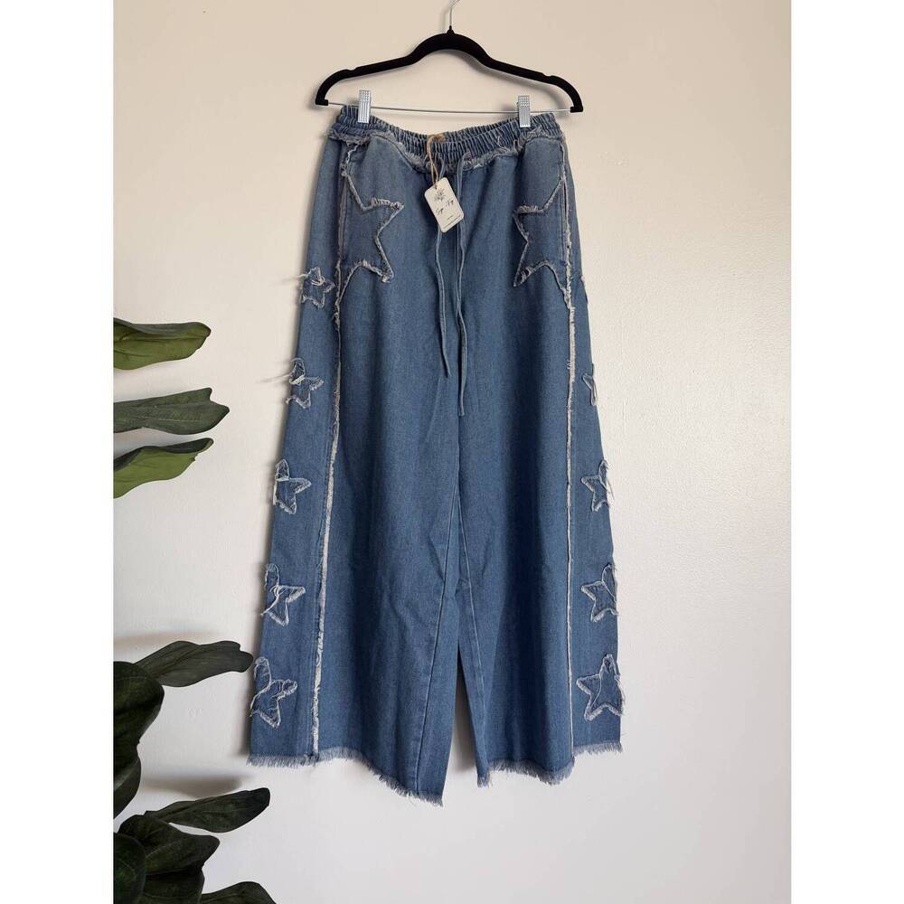NEW SAGE+FIG women's draw string wide leg patchwork stars jean in denim